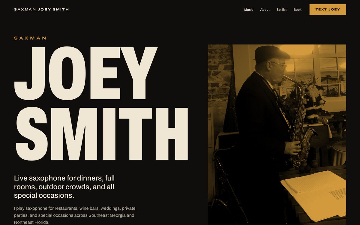 The prosolosax.com home page: Joey Smith's name in large type beside a two-tone photo of him playing alto saxophone.